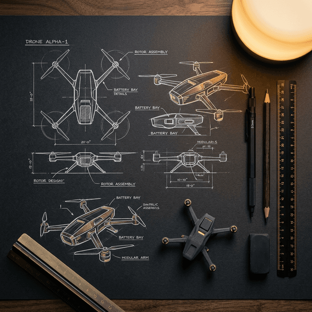 Design sketches and prototypes on a dark desk under warm lighting