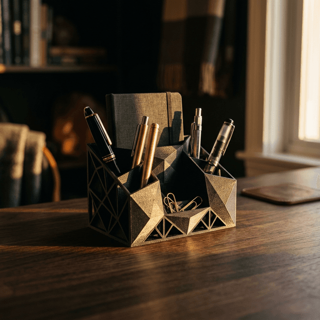 A geometric 3D printed desk organizer catching golden hour light, holding pens and supplies