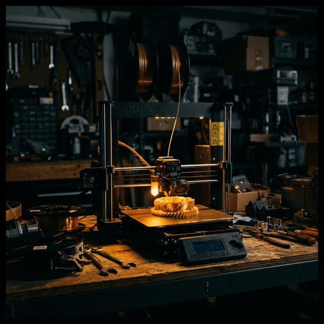 A 3D printer humming in a dimly lit garage workshop, warm amber light from the nozzle illuminating layers being built