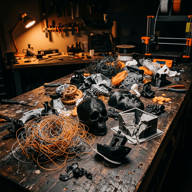 A collection of failed 3D prints — spaghetti filament, warped objects, and cracked prints on a dark workbench