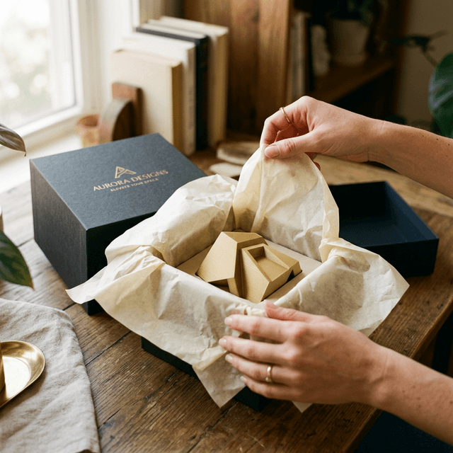 Hands unboxing a premium 3D printed desk object from elegant dark packaging with tissue paper
